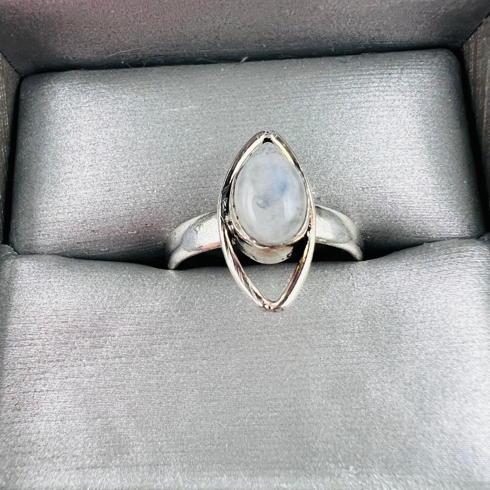 Silver Tone Ring Oval White Cabochon Modern Artisan Boho Statement Size 9 1/4